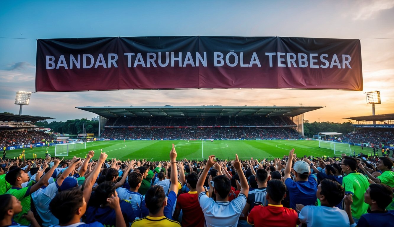 Sebuah stadion sepak bola yang ramai dengan penggemar yang bersorak dan spanduk besar bertuliskan "Bandar taruhan bola terbesar" tergantung di atas lapangan