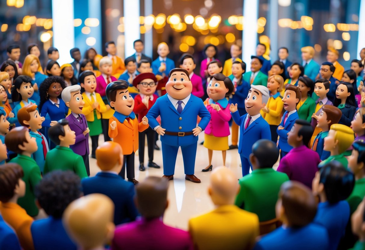 A group of colorful, animated characters performing a humorous skit in a crowded online space