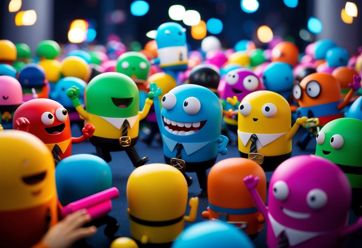 A group of colorful, animated characters performing quick, humorous actions in a crowded online space