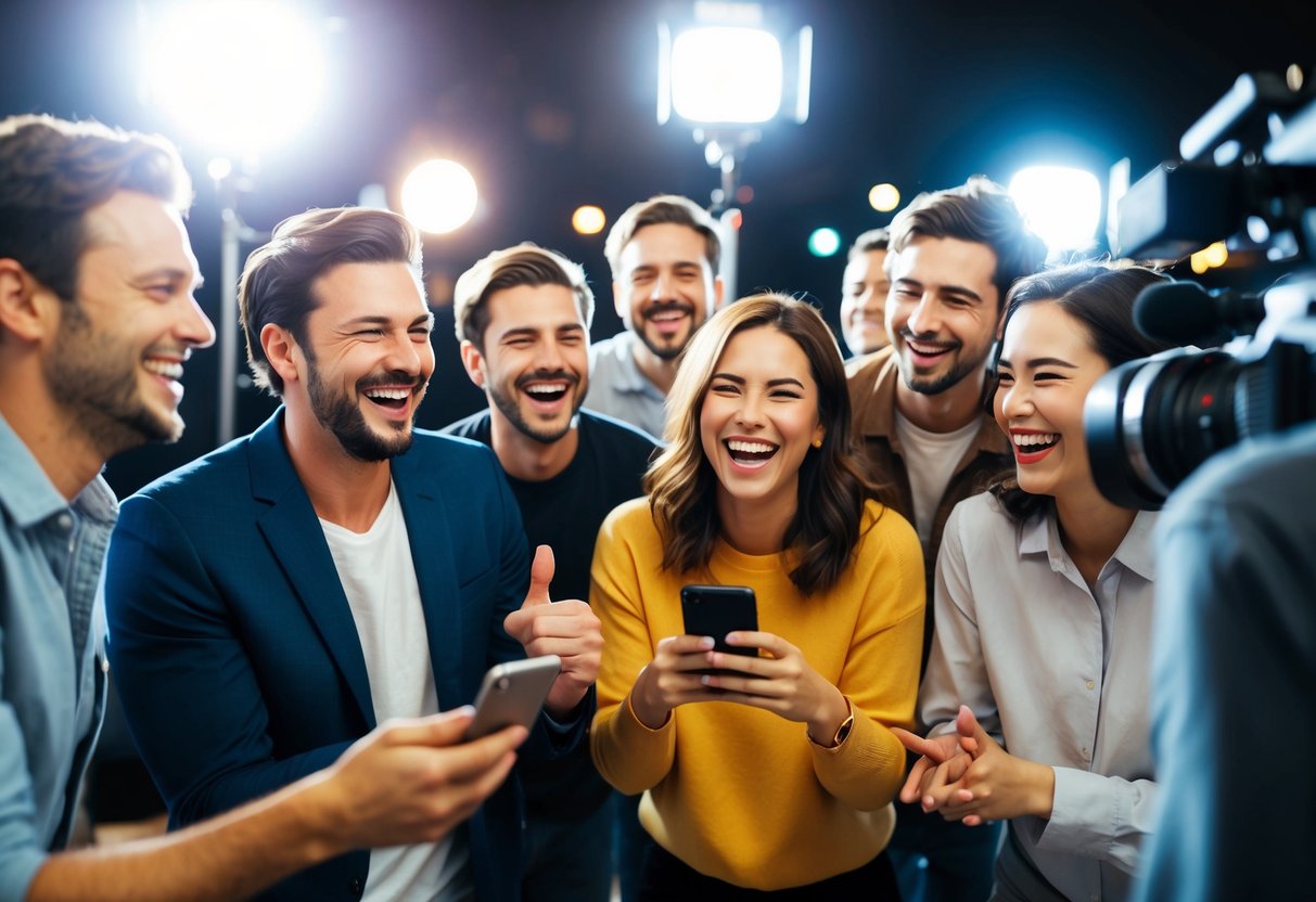 A group of people laughing and sharing a short, humorous skit on social media, with bright lights and cameras capturing the lively atmosphere