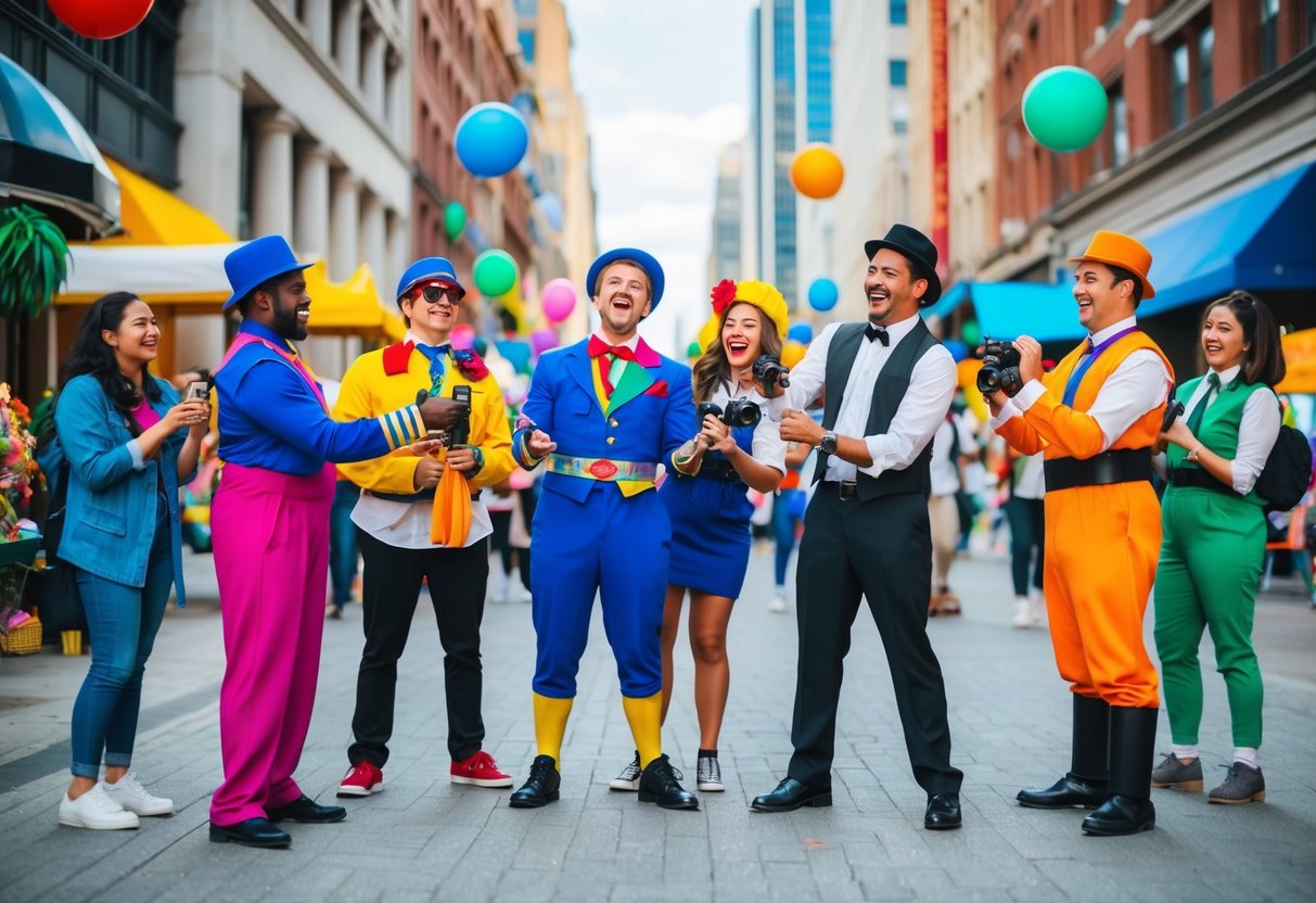 A group of people filming a humorous, attention-grabbing skit in a bustling urban setting with colorful props and vibrant costumes