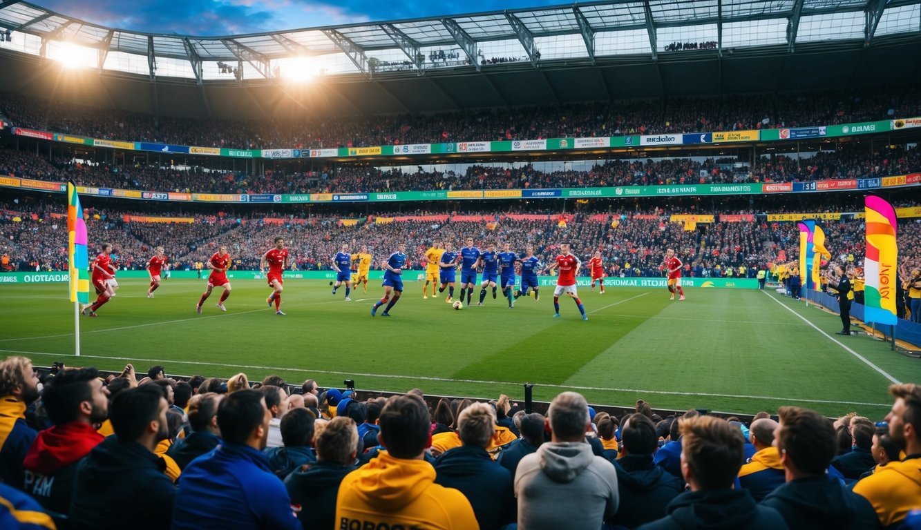 Sebuah stadion yang ramai dengan penggemar yang bersorak dan spanduk berwarna-warni, saat para pemain bersaing di lapangan untuk bonus terbesar.