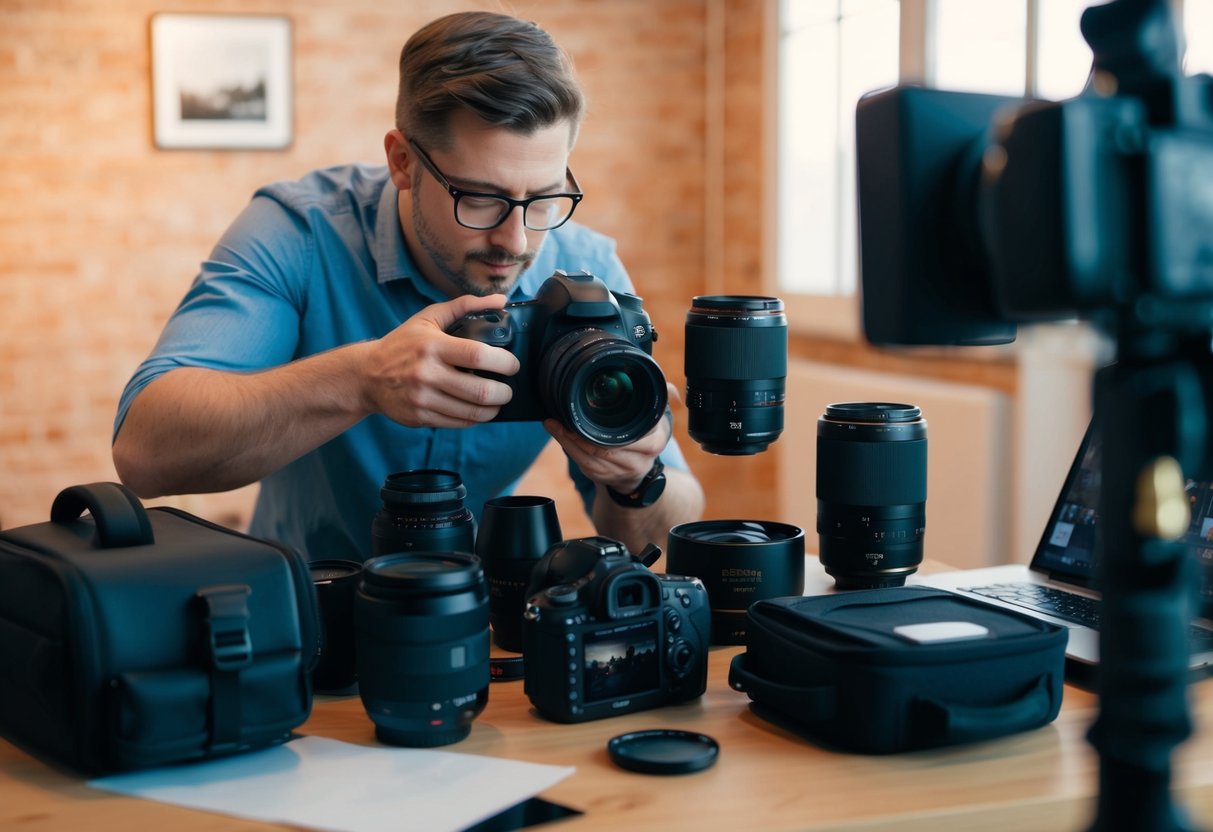 A photographer carefully arranging and capturing behind-the-scenes gear and equipment with a focus on responsible sharing and posting