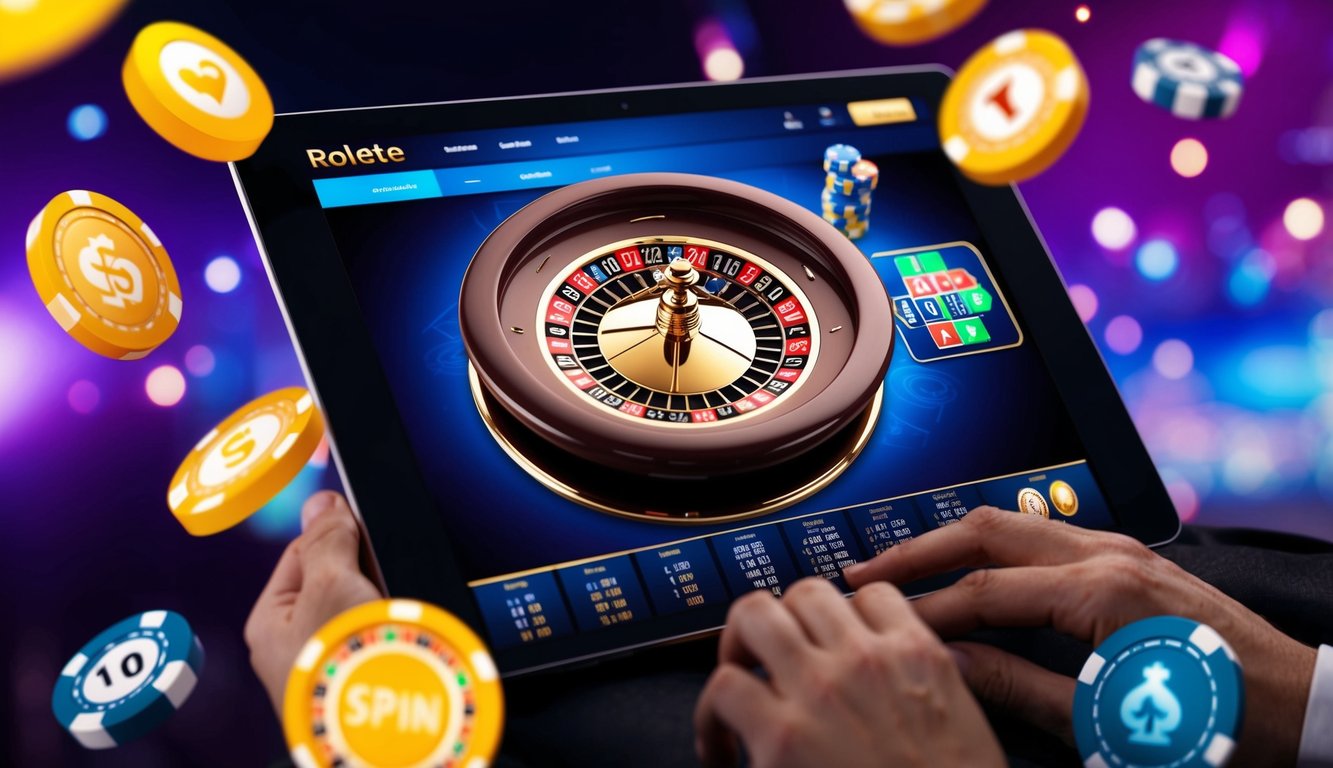 Sebuah roda roulette online yang ramping berputar di antarmuka digital, dikelilingi oleh grafik dan animasi bertema kasino yang berwarna-warni.