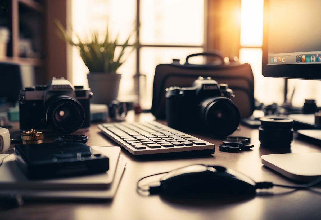 A cluttered desk with a camera, computer, and various props. A soft light illuminates the scene, creating a cozy and professional atmosphere