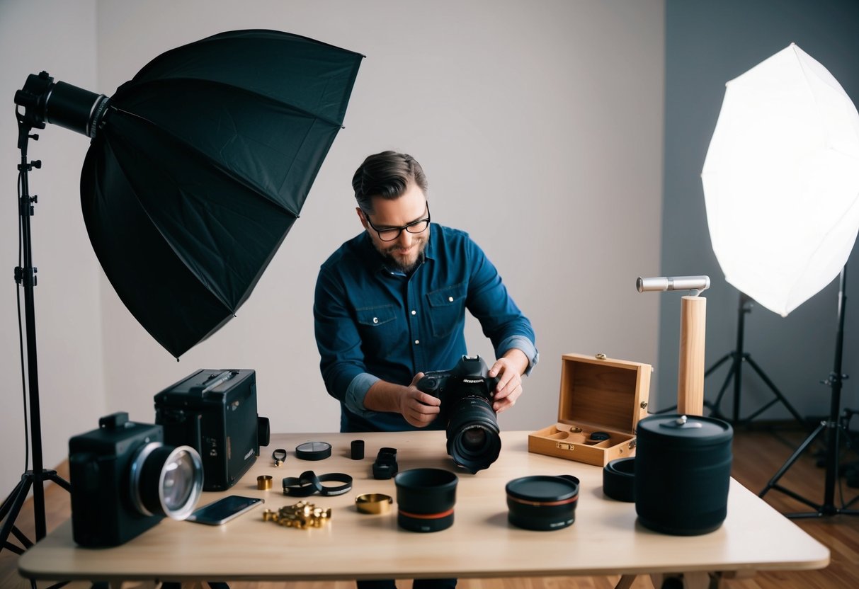 A photographer carefully arranges equipment and props for a behind-the-scenes photo shoot in a well-lit studio setting