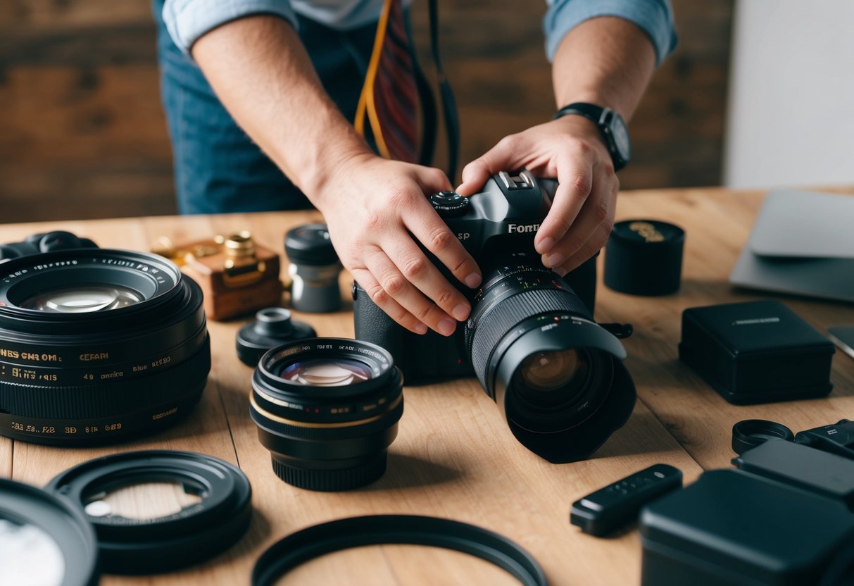 A photographer carefully arranging and capturing behind-the-scenes equipment and props for a photo shoot