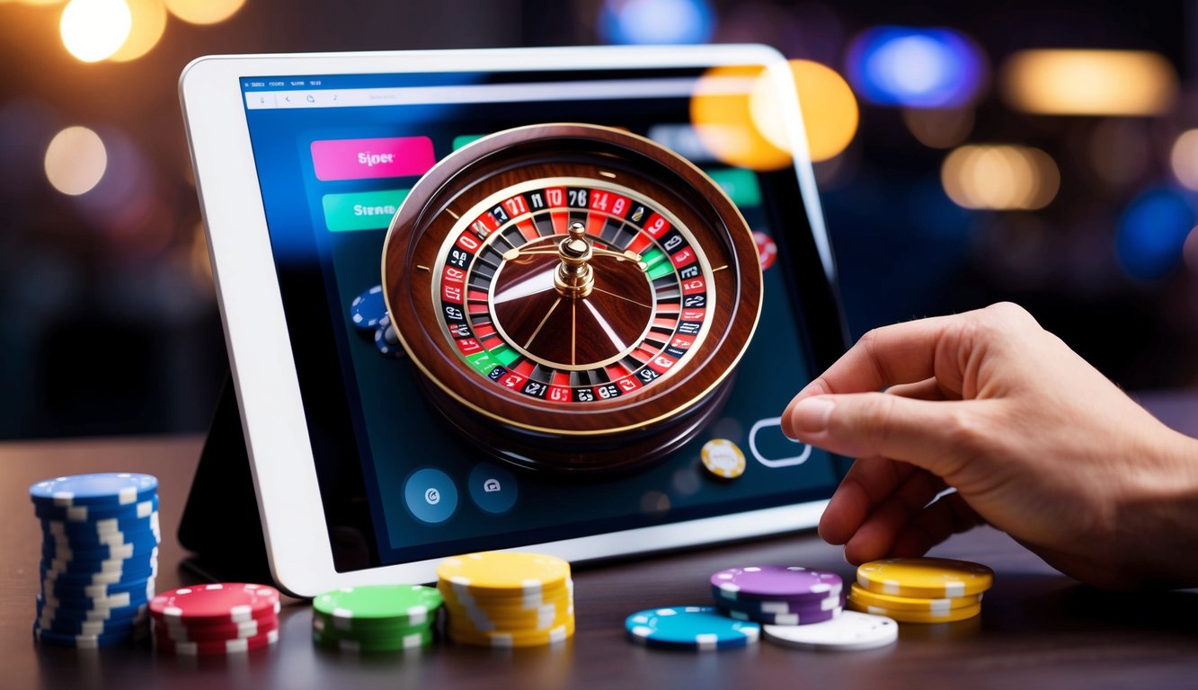 Roda roulette digital berputar di layar yang bersinar, dikelilingi oleh chip berwarna-warni dan antarmuka yang ramping