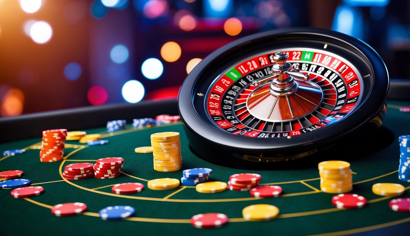 Roda roulette berputar dengan chip berwarna-warni tersebar di atas meja