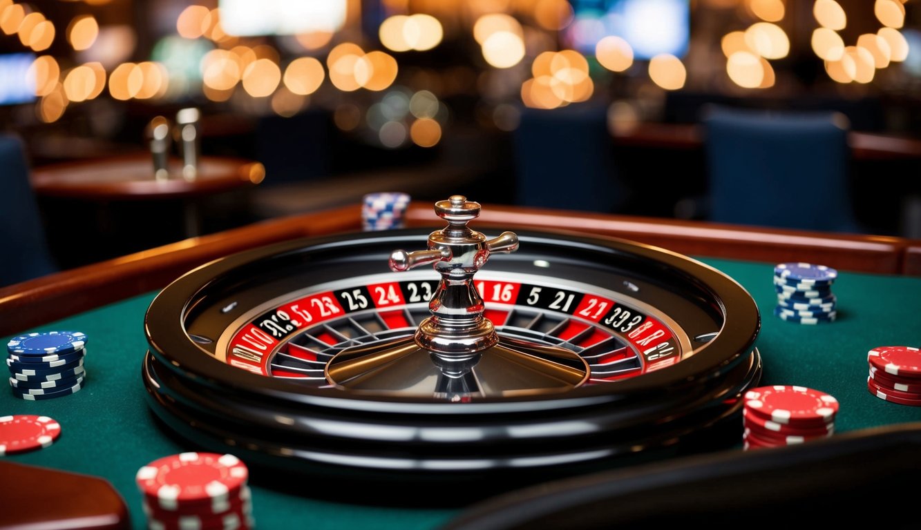 Roda roulette digital berputar dengan chip yang ditempatkan di meja taruhan