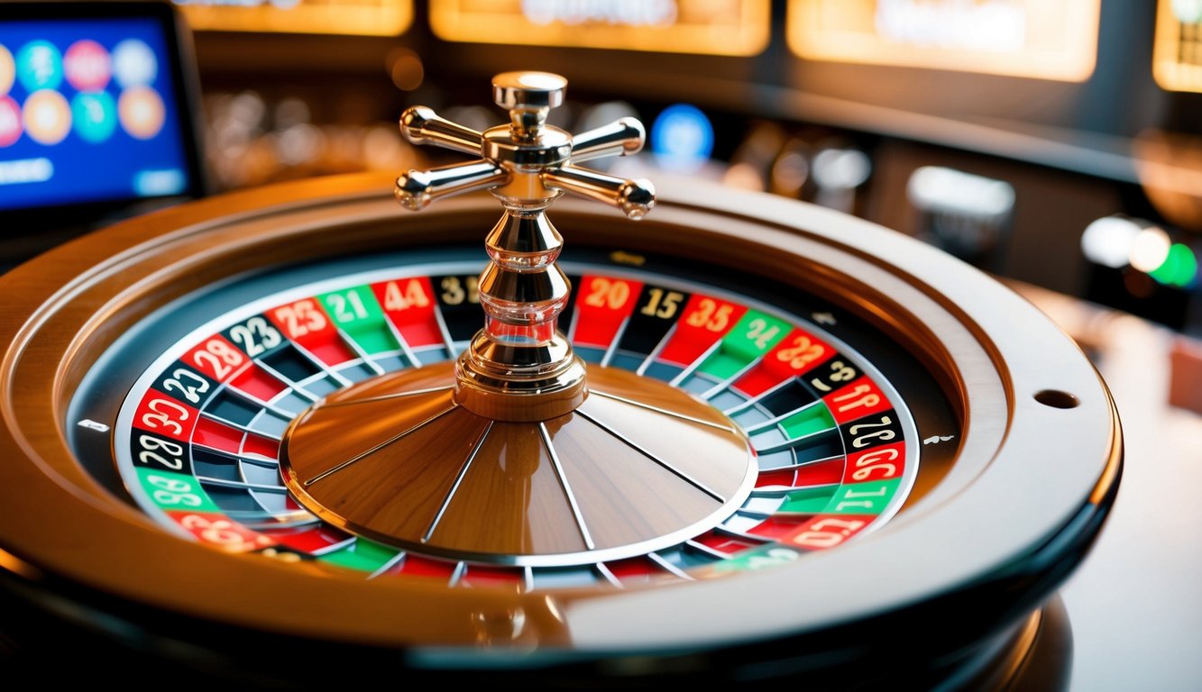 Roda roulette online yang berputar dengan slot bernomor berwarna-warni dan antarmuka digital untuk memasang taruhan