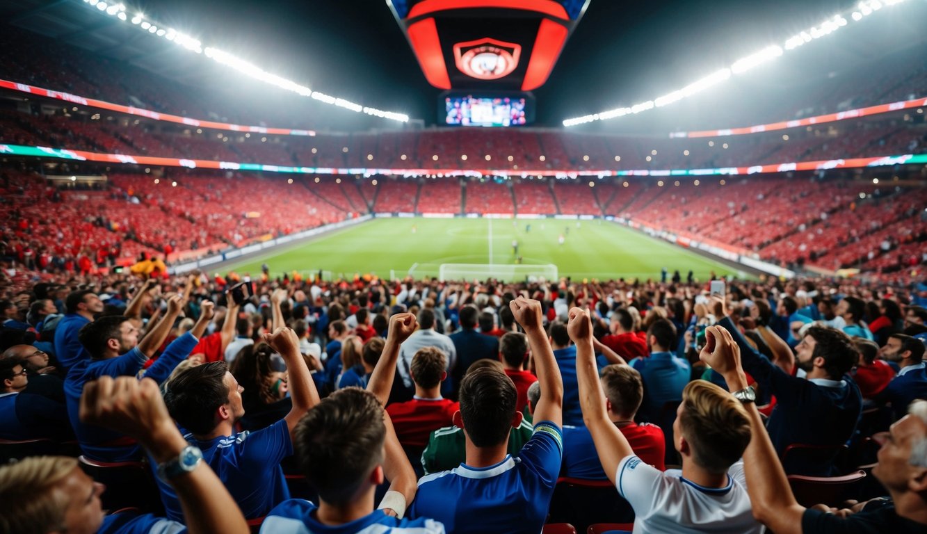 Sebuah arena taruhan sepak bola yang ramai dengan penggemar yang bersorak dan suasana yang hidup