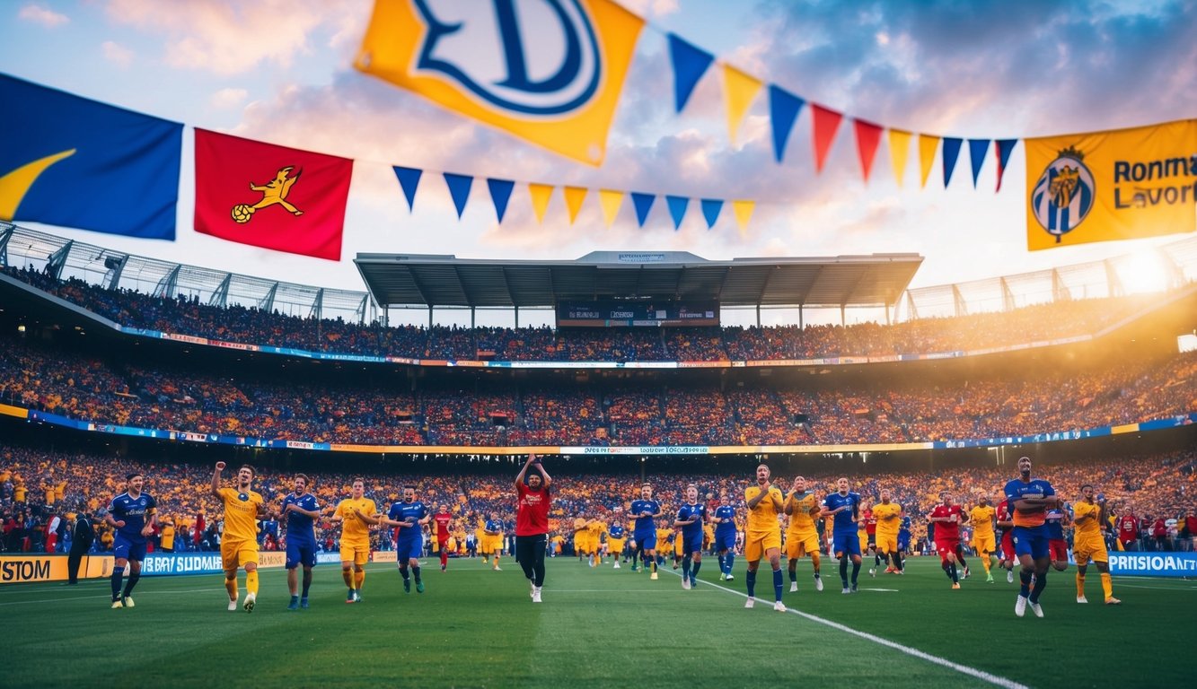 Sebuah stadion yang ramai dengan penggemar yang bersorak, spanduk tim yang berwarna-warni, dan pemain di lapangan