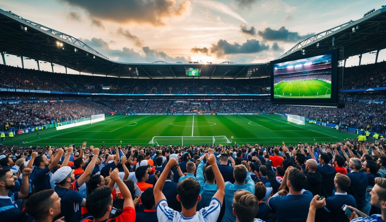 Sebuah stadion yang ramai dengan para penggemar yang bersorak, lapangan sepak bola, dan layar besar yang menampilkan pertandingan