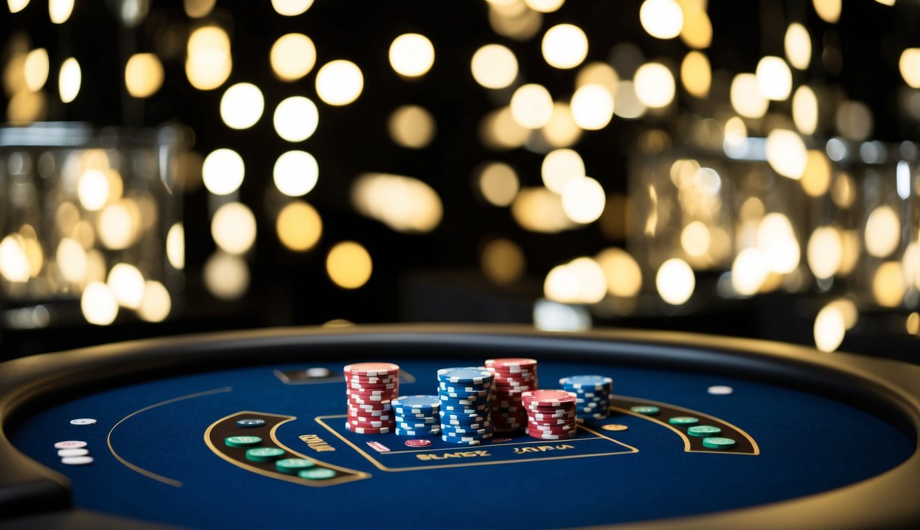 Meja blackjack online yang ramping dan modern dengan kartu dan chip virtual, diatur di latar belakang gelap dengan suasana profesional dan elegan