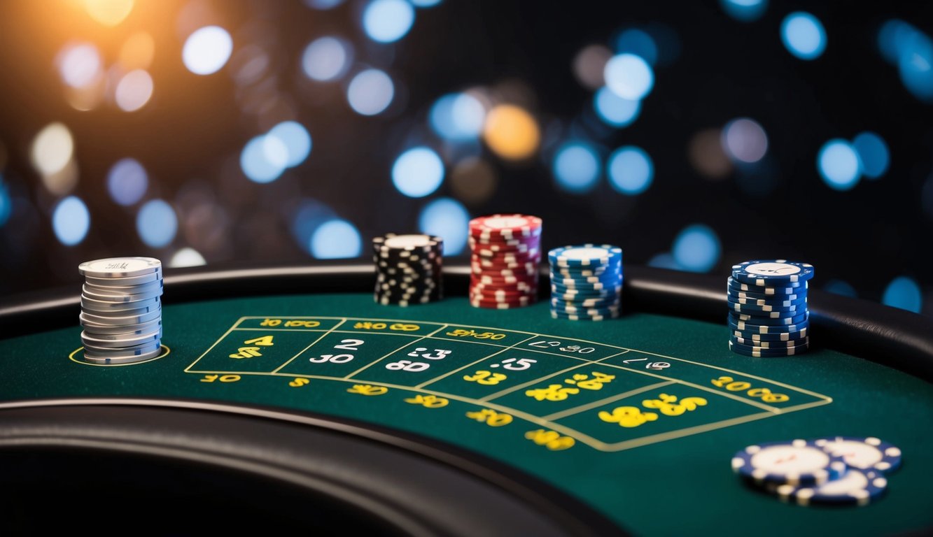 Sebuah meja blackjack online yang ramping dan modern dengan kartu dan chip virtual, ditempatkan di latar belakang yang gelap dan canggih