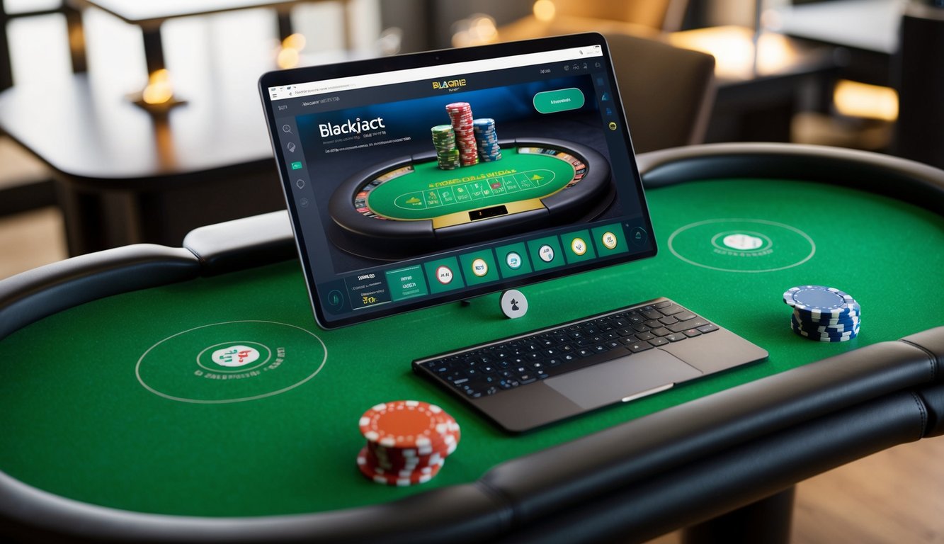 Sebuah layar komputer yang ramping dan modern menampilkan meja blackjack digital dengan felt hijau cerah dan tumpukan chip virtual. Antarmukanya bersih dan mengundang, dengan tombol untuk melakukan setoran biaya rendah.