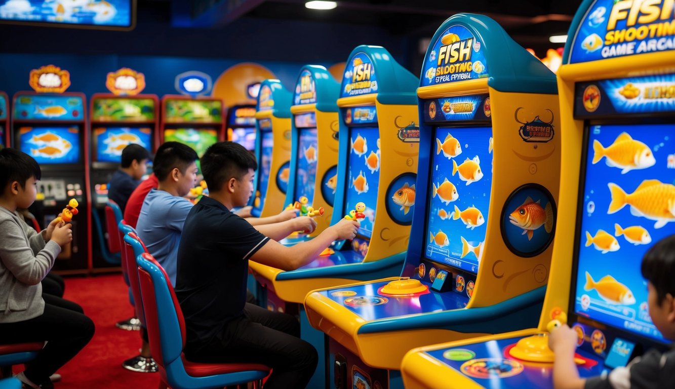 Sebuah arcade permainan menembak ikan yang ramai dengan mesin berwarna-warni dan pemain yang membidik target ikan virtual