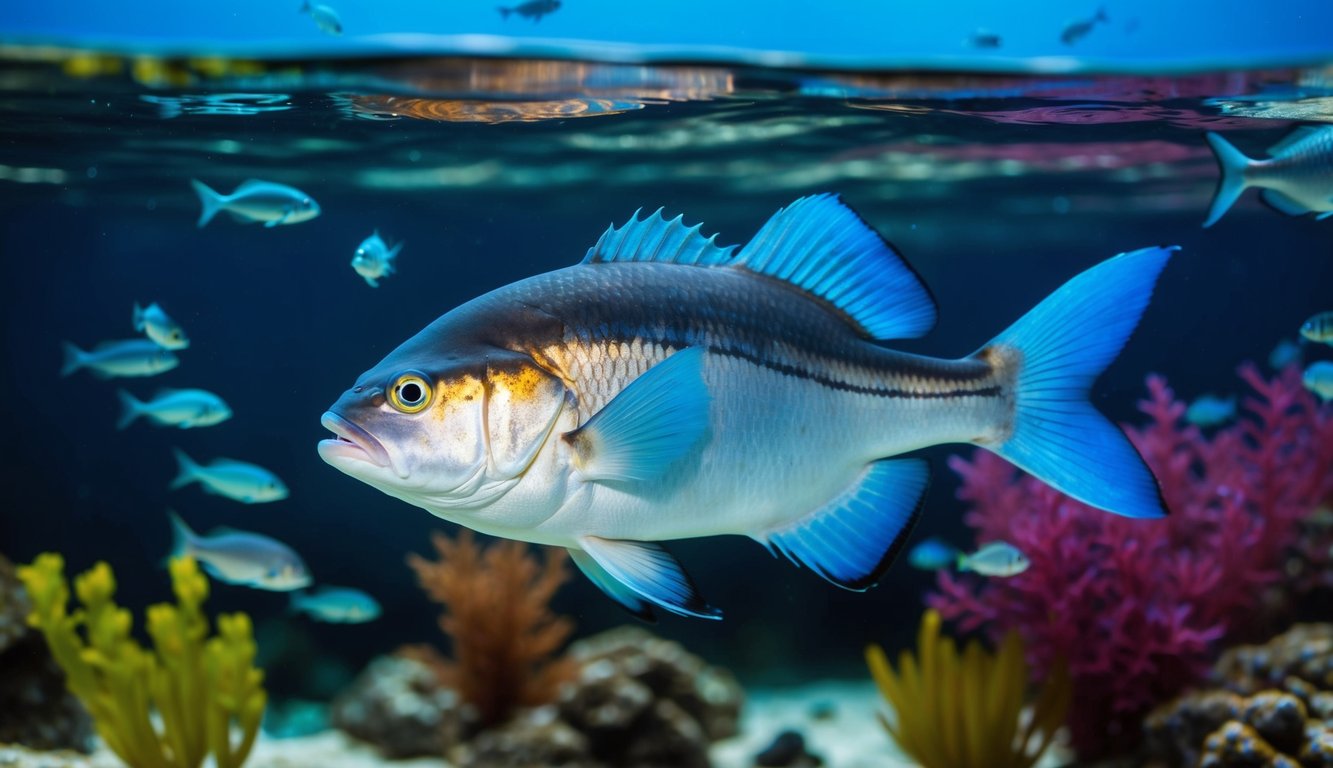 Sebuah pemandangan bawah laut yang berwarna-warni dengan ikan jackpot besar yang berenang di antara ikan-ikan kecil dan tanaman akuatik