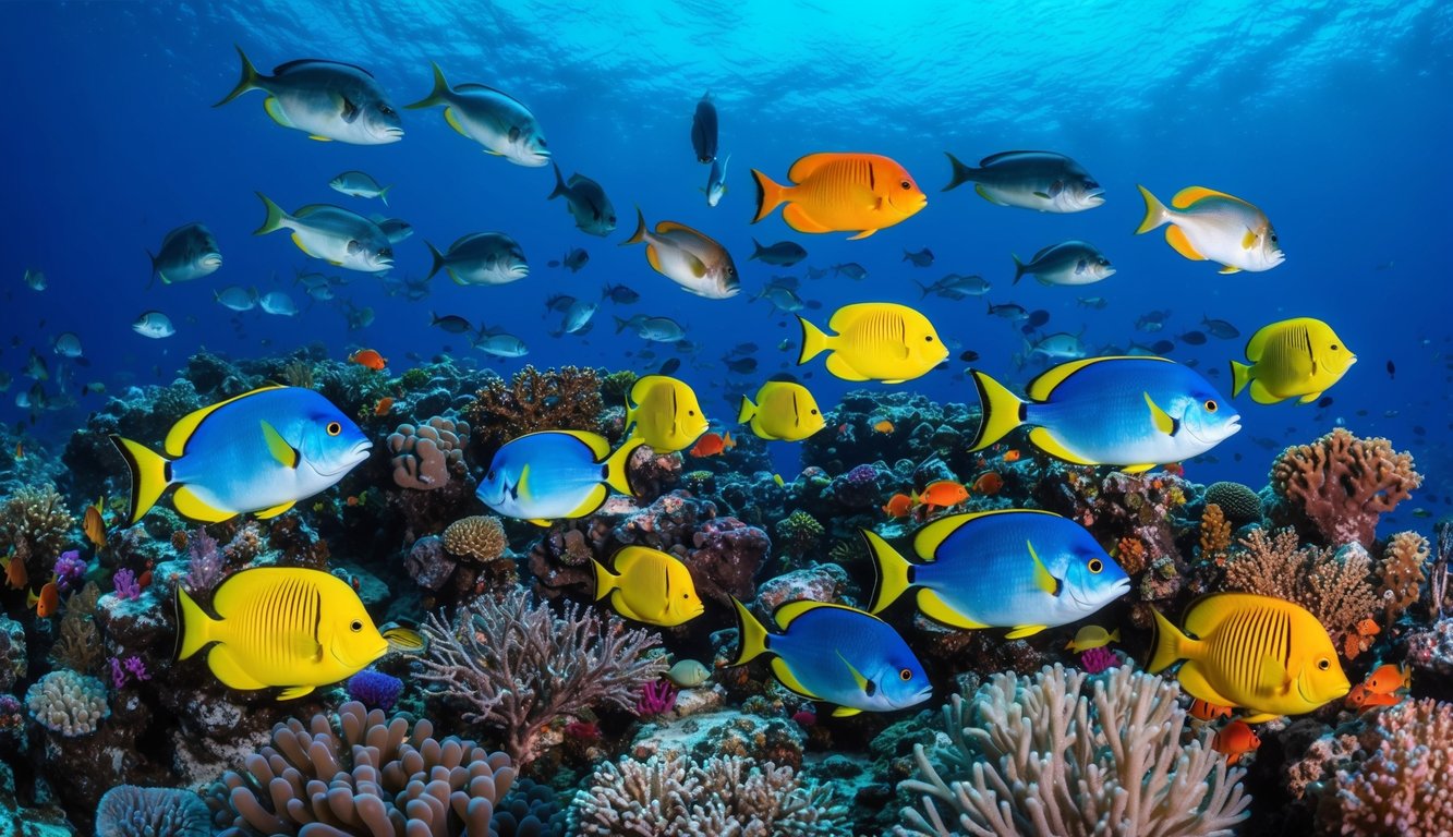 Dunia bawah laut yang berwarna-warni dengan berbagai spesies ikan yang berenang di sekitar terumbu karang yang cerah