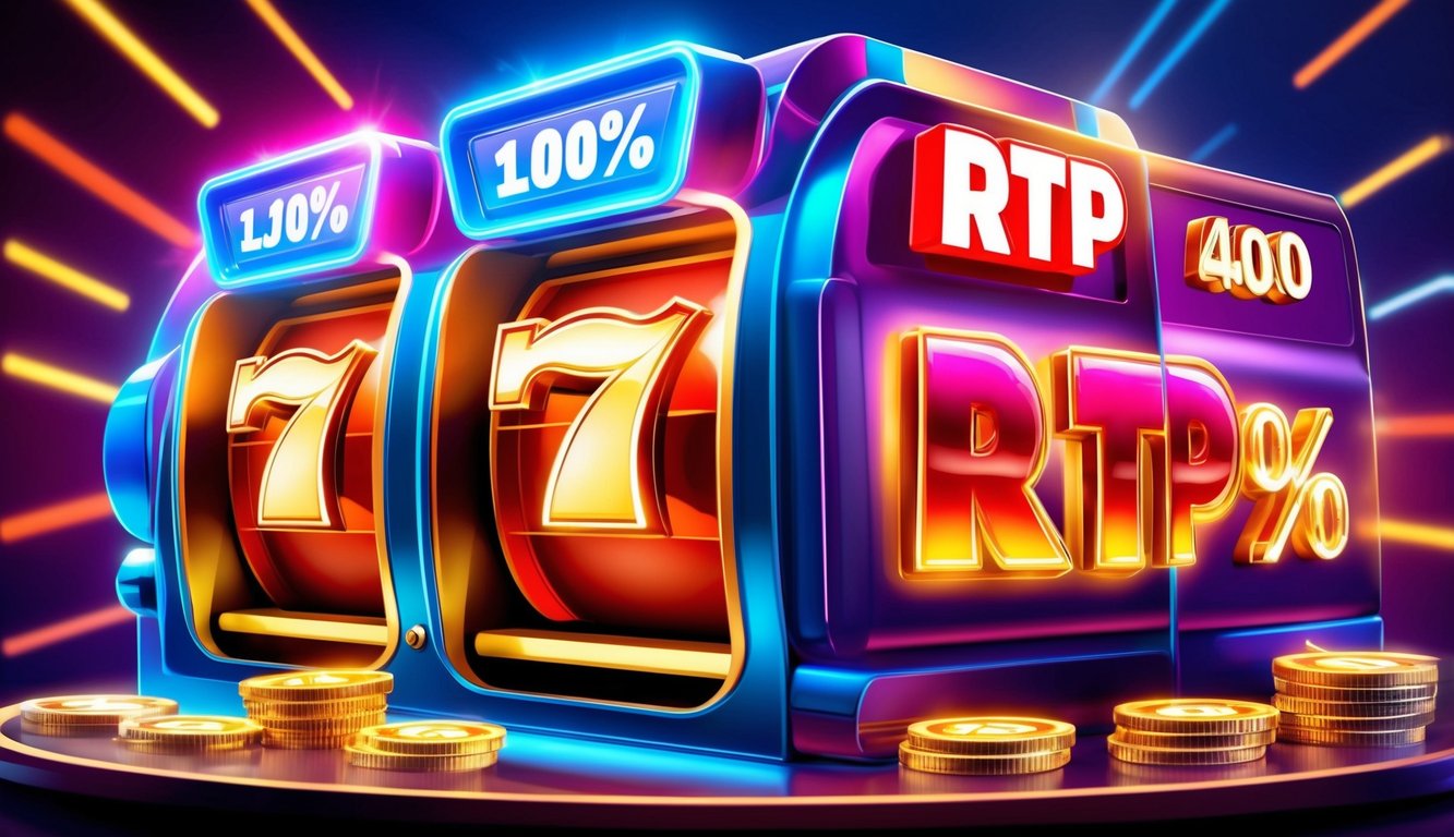 Sebuah mesin slot online yang penuh warna dengan simbol yang bersinar dan persentase RTP tinggi yang ditampilkan secara mencolok