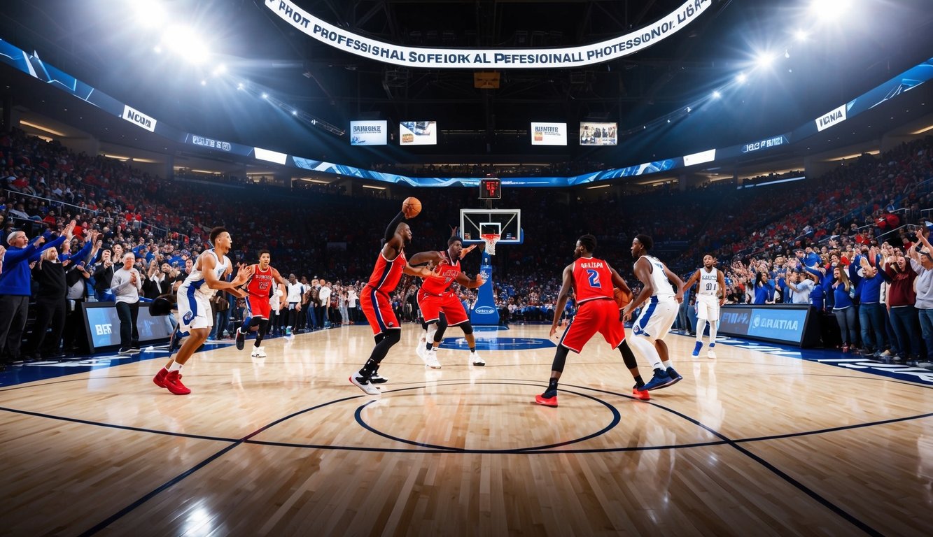 Sebuah lapangan basket dengan pemain yang sedang beraksi, dikelilingi oleh penggemar yang bersorak dan lampu stadion yang terang