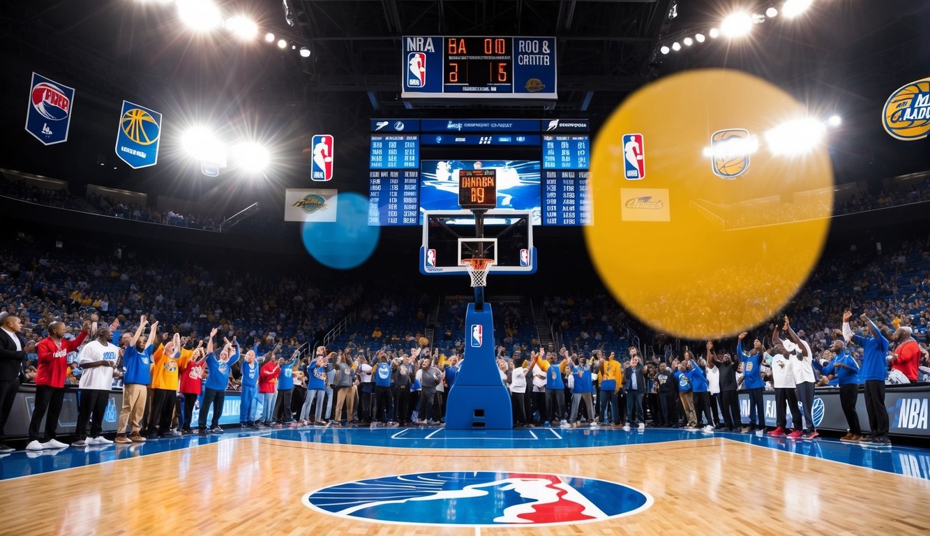 Sebuah lapangan basket dengan logo tim NBA, papan skor, dan penggemar yang bersorak