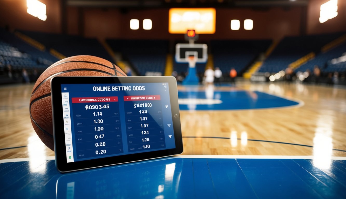 Sebuah lapangan basket dengan perangkat digital yang menampilkan peluang taruhan online