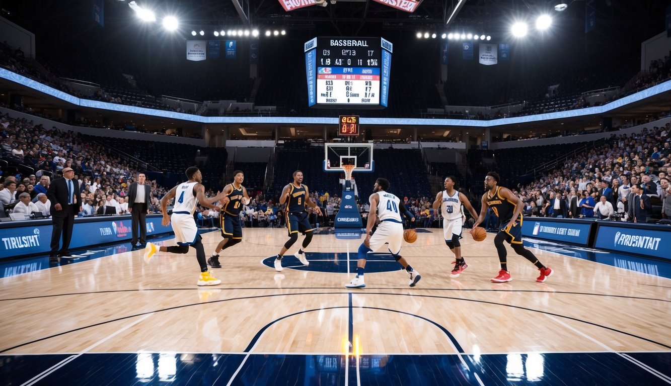 Sebuah lapangan basket dengan pemain yang sedang beraksi, papan skor menampilkan skor akhir, dan penggemar yang bersorak di tribun