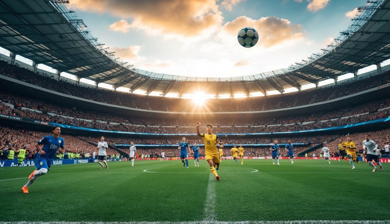 Sebuah stadion yang penuh sesak dengan penggemar yang bersorak, sebuah bola sepak terbang di udara, dan pemain yang beraksi di lapangan