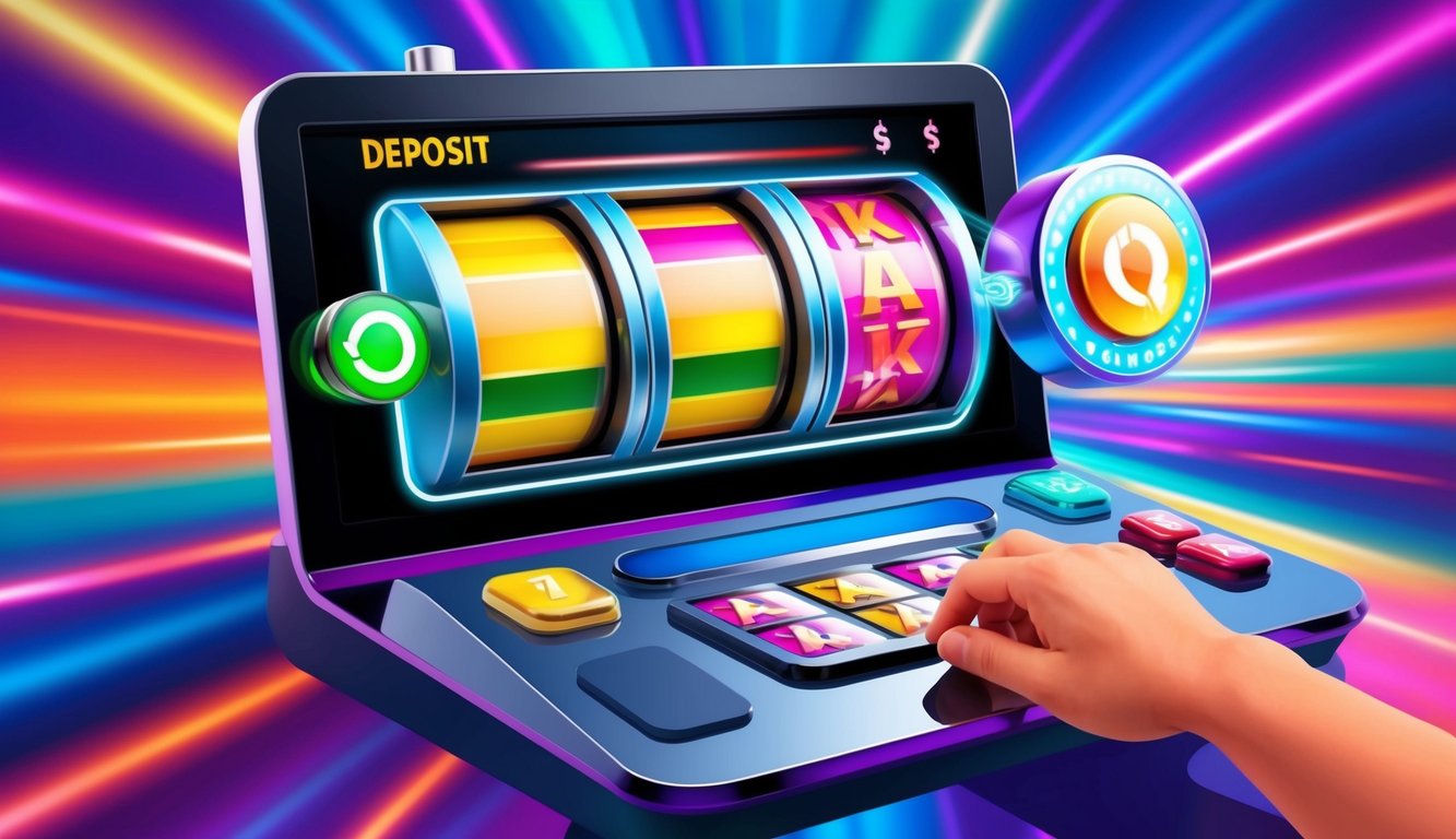 Sebuah mesin slot online berwarna-warni dengan tombol deposit yang berdenyut dan latar belakang yang cerah