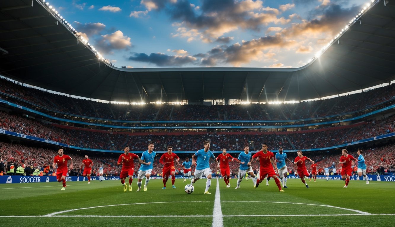 Sebuah stadion sepak bola yang dipenuhi oleh penggemar yang bersorak dan pemain yang beraksi di lapangan