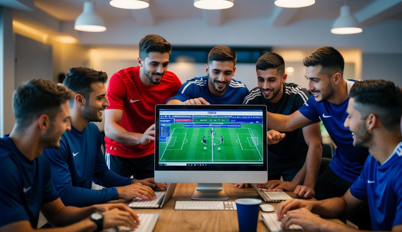 Sekelompok pemain sepak bola berkumpul di sekitar komputer, memasang taruhan di situs sportsbook online. Ruangan itu dipenuhi dengan kegembiraan dan antisipasi.