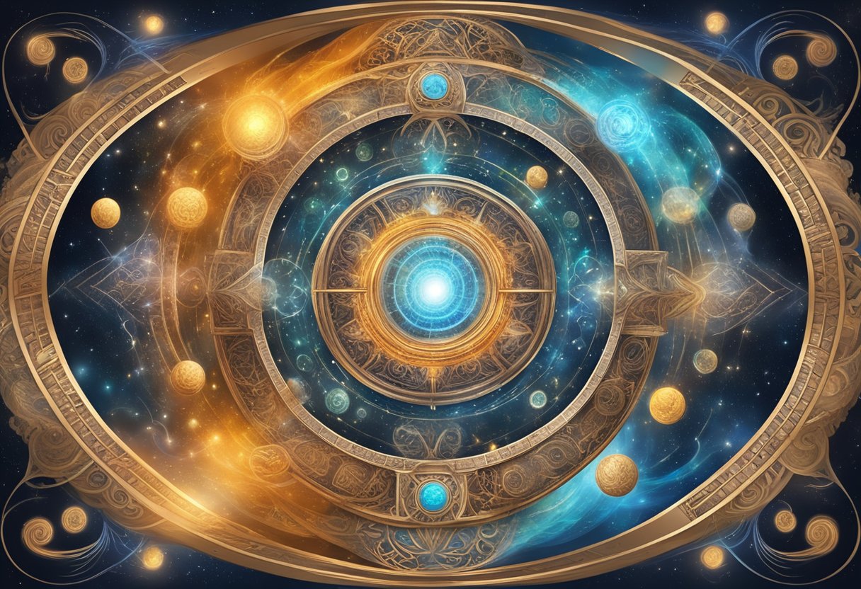 A swirling vortex of energy surrounded by ancient symbols and cosmic elements