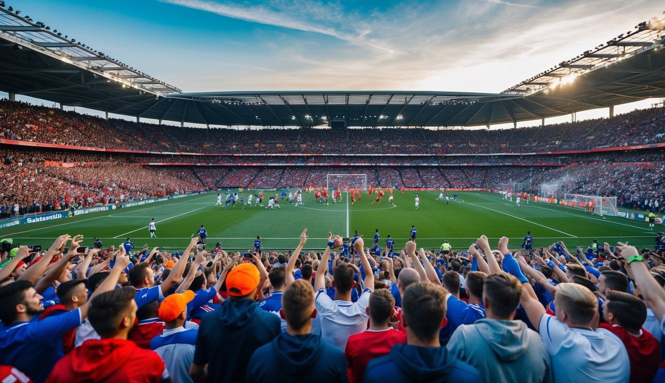 Sebuah stadion yang ramai dipenuhi dengan penggemar yang bersorak dan pemain di lapangan sepak bola