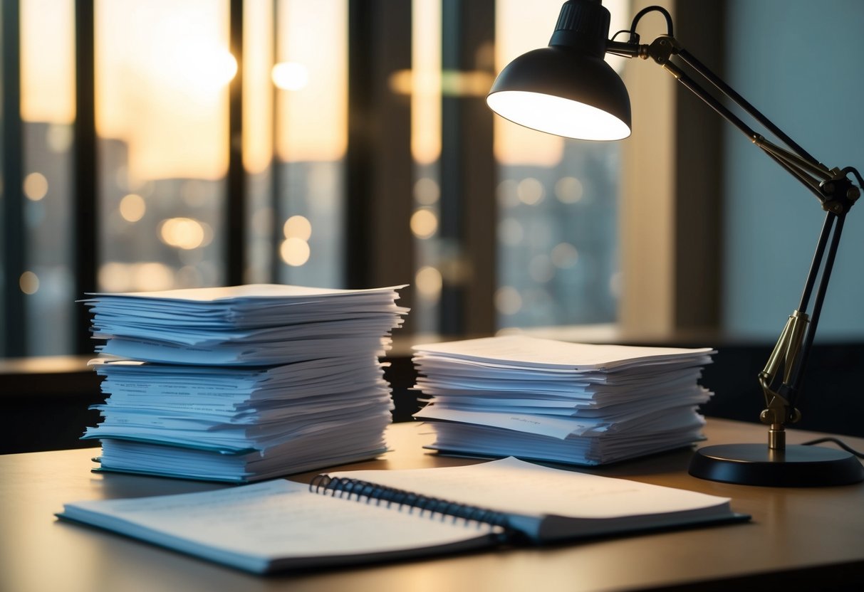 A neatly organized desk with a stack of scripts, a reading lamp, and a notebook for jotting down notes