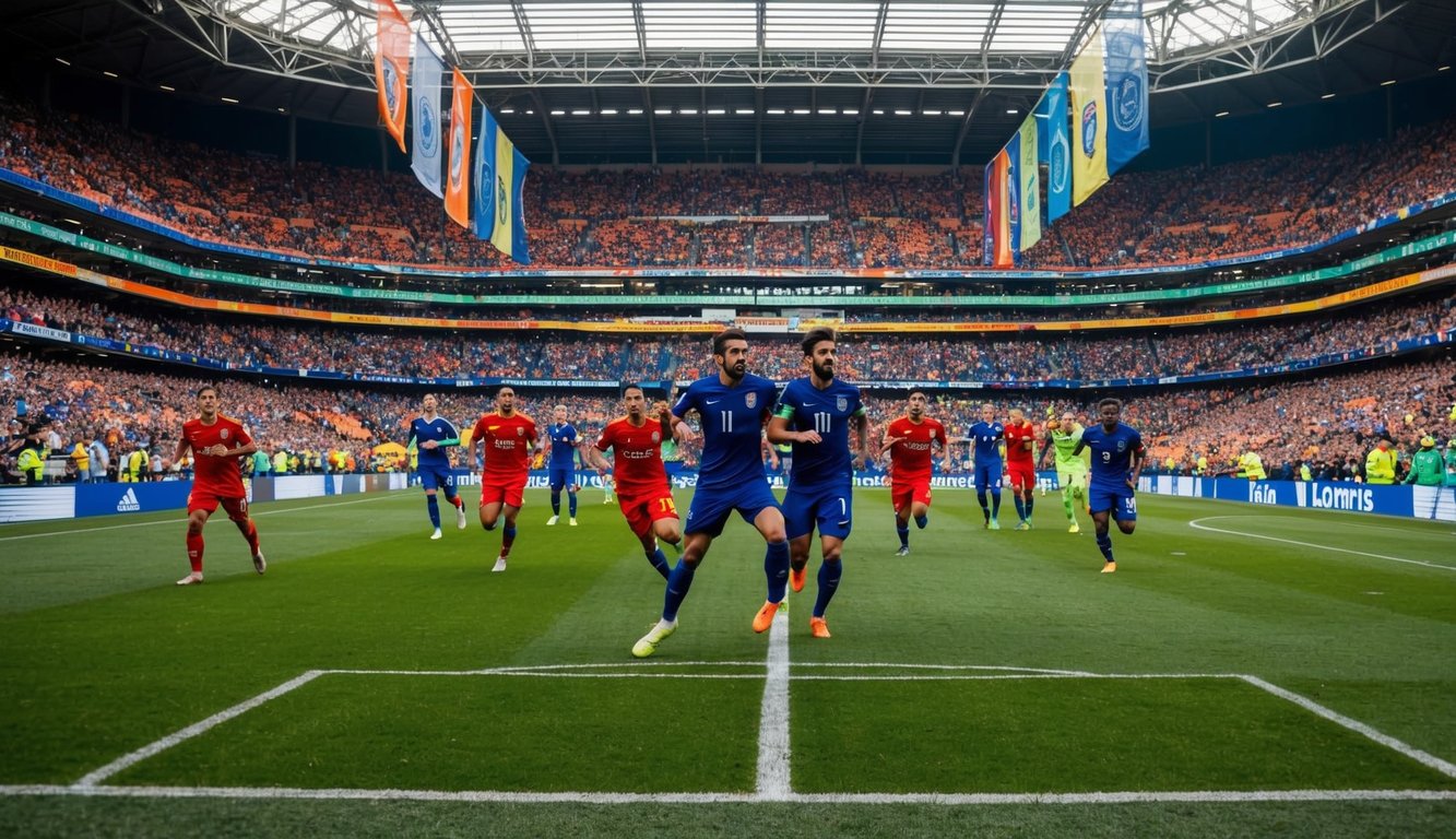 Sebuah stadion yang ramai dipenuhi dengan penggemar yang bersorak dan spanduk berwarna-warni, sementara para pemain bersaing di lapangan dalam pertandingan sepak bola yang penuh tekanan.