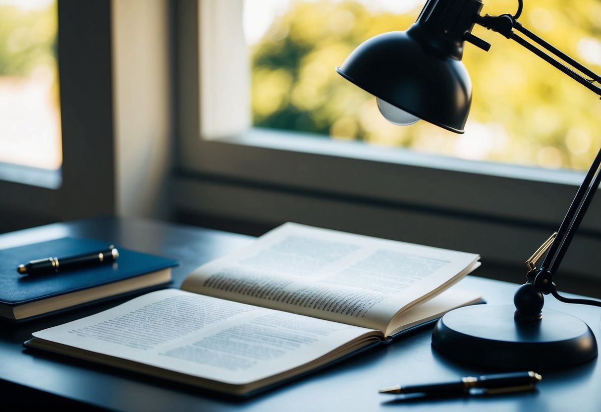 A desk with open script, a reading lamp, and a notebook with pen