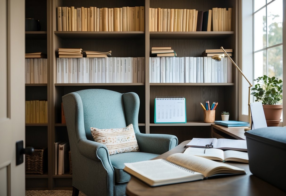 A cozy reading nook with a comfortable chair, a well-lit desk, and shelves filled with scripts. A calendar and notebook sit nearby for organizing daily reading