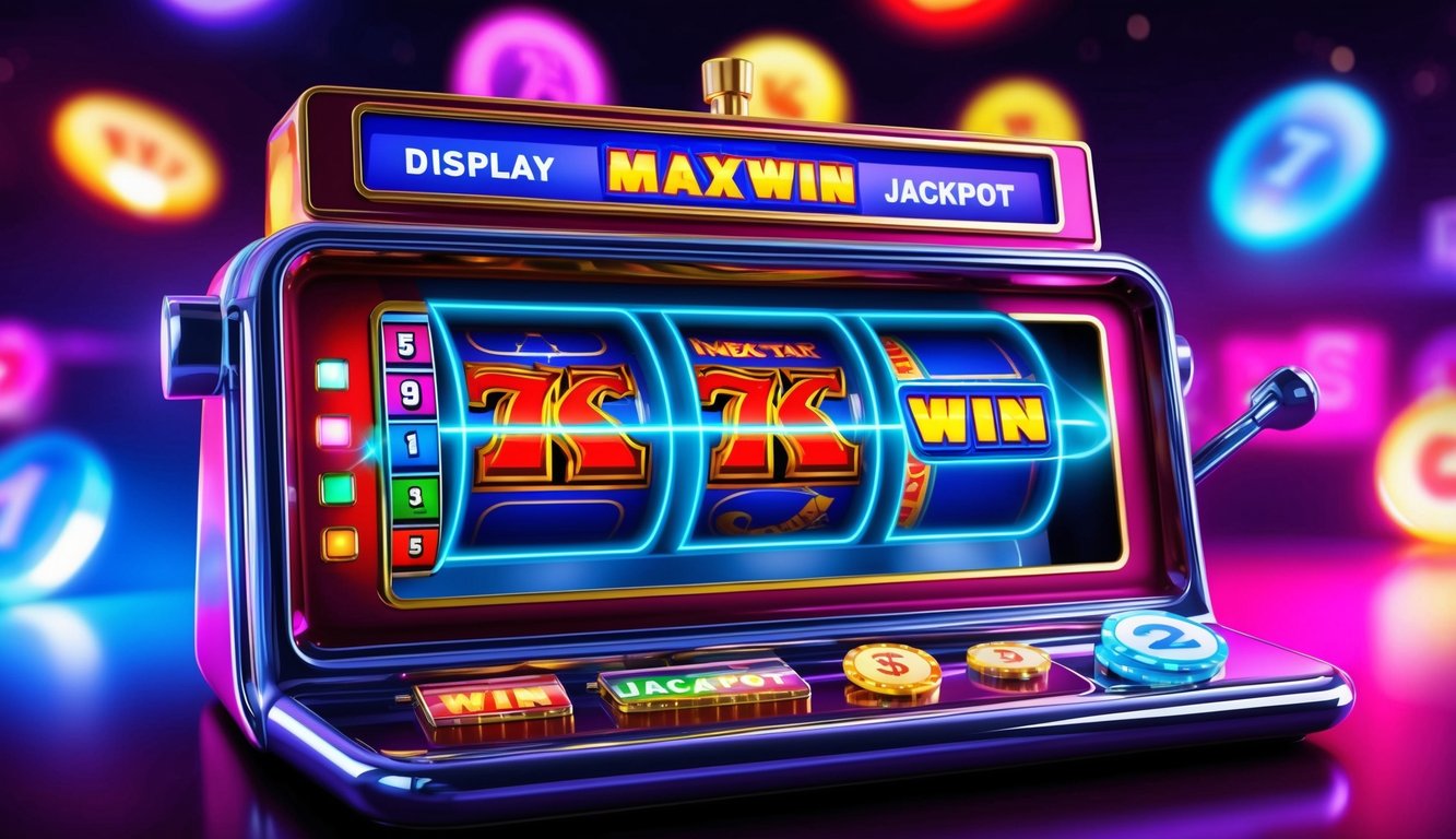 Mesin slot online yang cerah dengan simbol yang bersinar dan tampilan jackpot maxwin