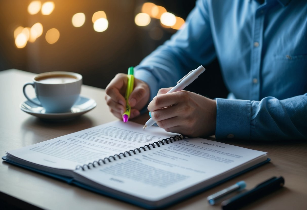 A person sitting at a desk with a script open, using a highlighter and taking notes in a notebook. A cup of coffee sits nearby