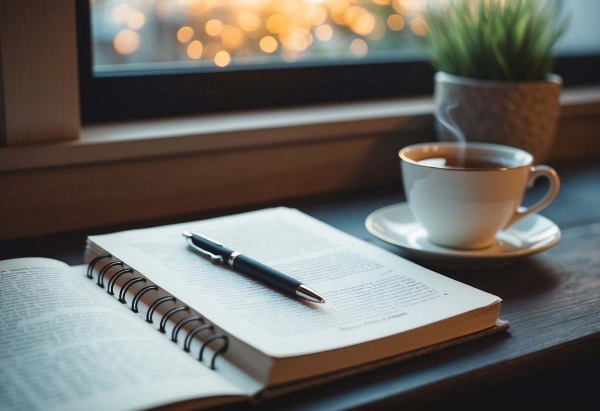 A cozy reading nook with a script, a cup of tea, and a notebook for jotting down key points