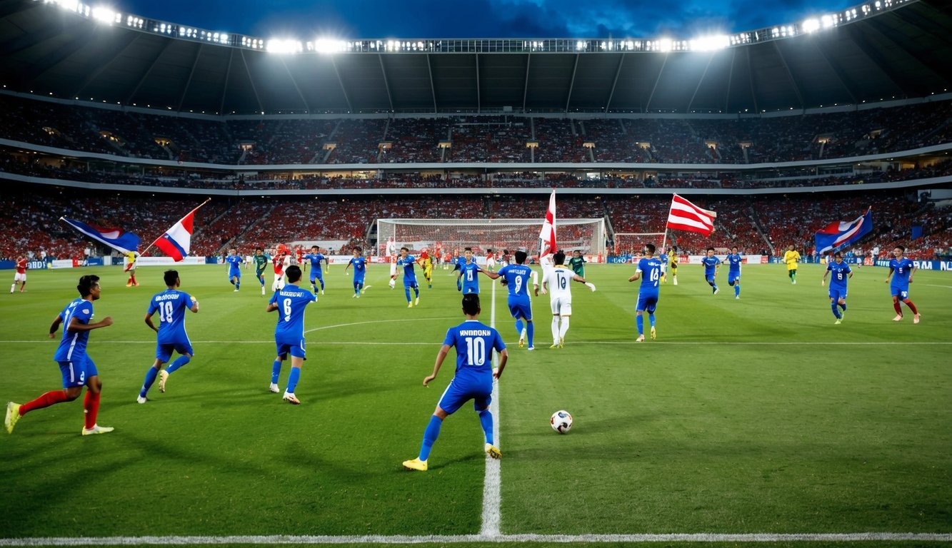 Sebuah stadion sepak bola yang ramai di Indonesia selama pertandingan yang penuh energi. Para penggemar bersorak dan melambaikan bendera saat para pemain bertanding di lapangan.