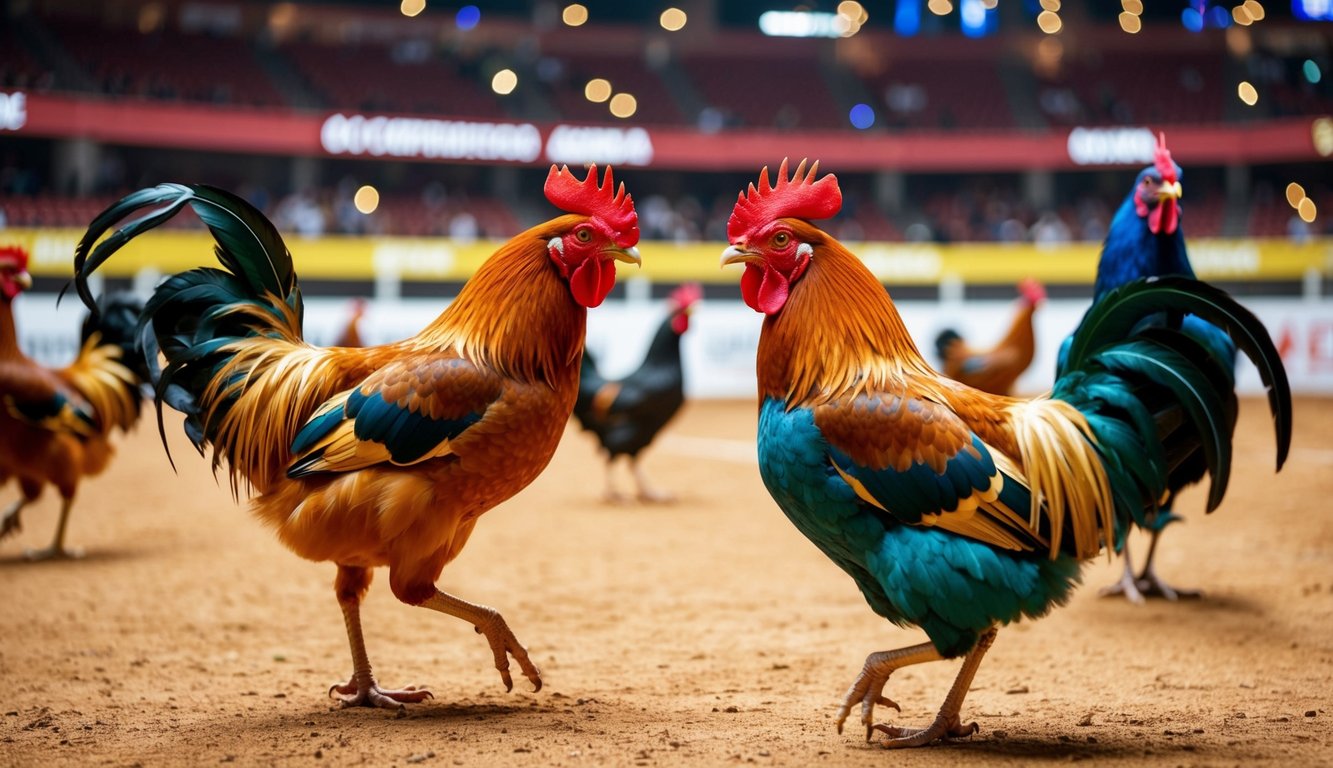 Arena sabung ayam online yang ramai dengan ayam jantan berwarna-warni dalam pengaturan digital