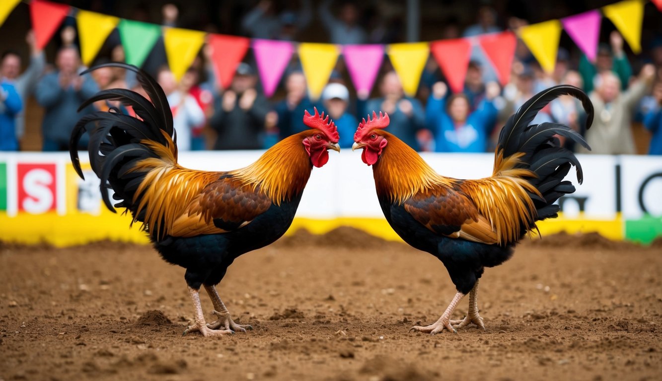 Dua ayam jantan berhadapan di dalam lubang tanah, dikelilingi oleh penonton yang bersorak dan spanduk berwarna-warni