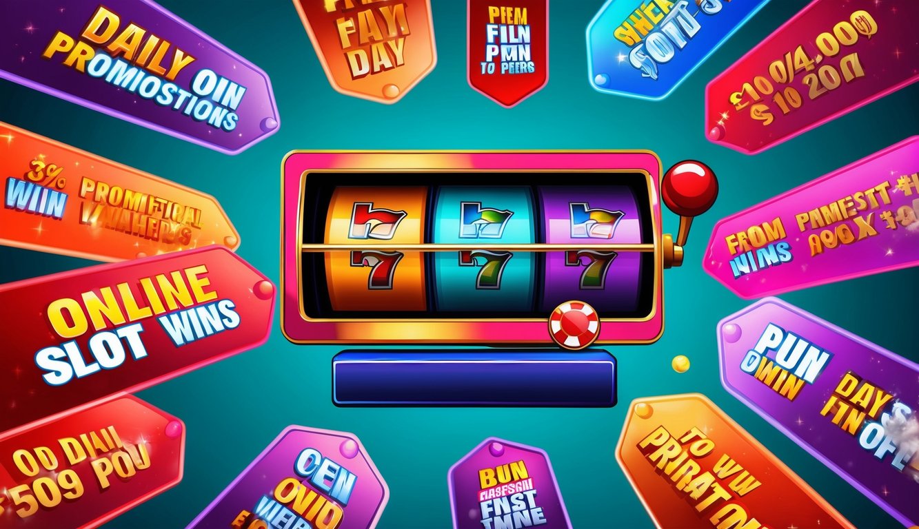 Mesin slot online berwarna-warni dikelilingi oleh banner promosi harian