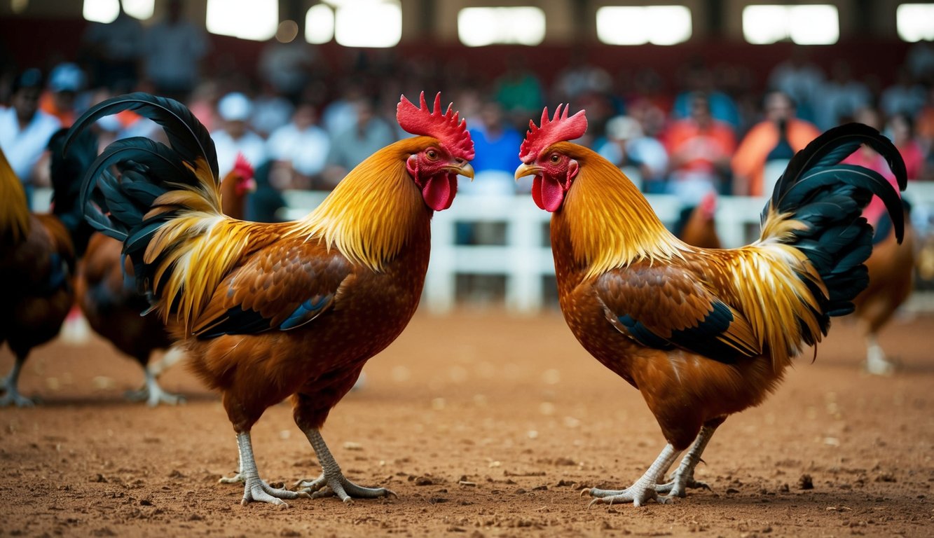 Dua ayam jantan saling berhadapan di arena sabung ayam online yang ramai