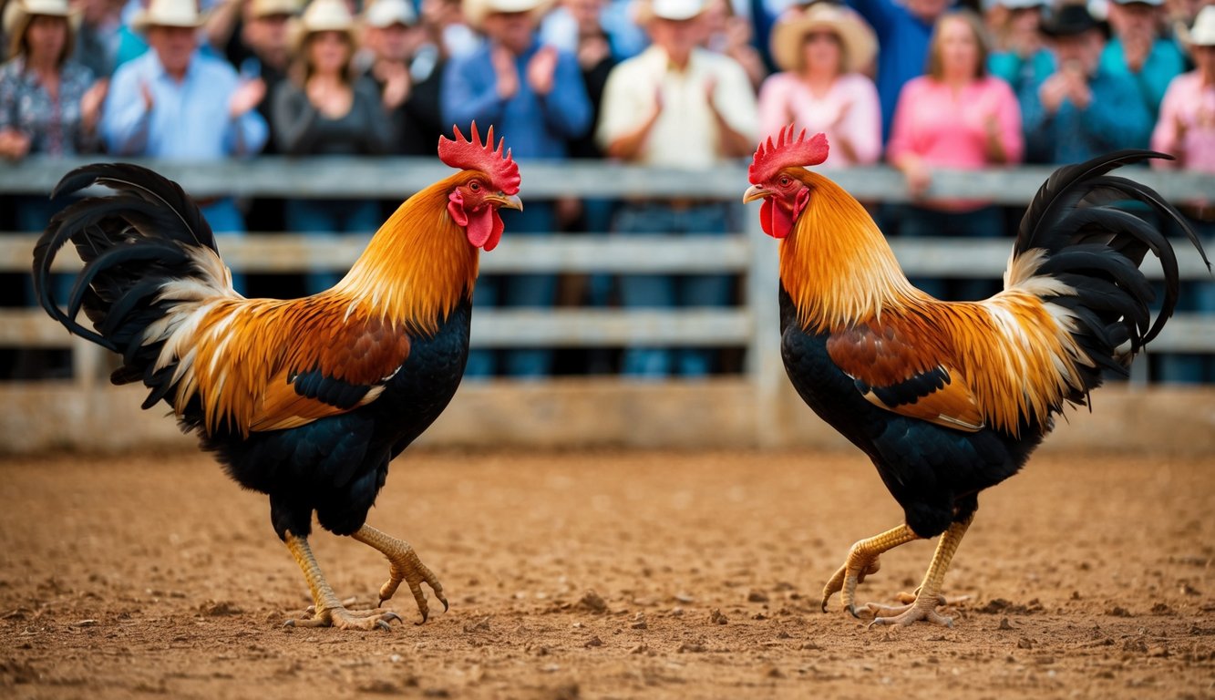 Dua ayam jantan berhadapan di arena tanah, dikelilingi oleh kerumunan penonton yang bersorak-sorai