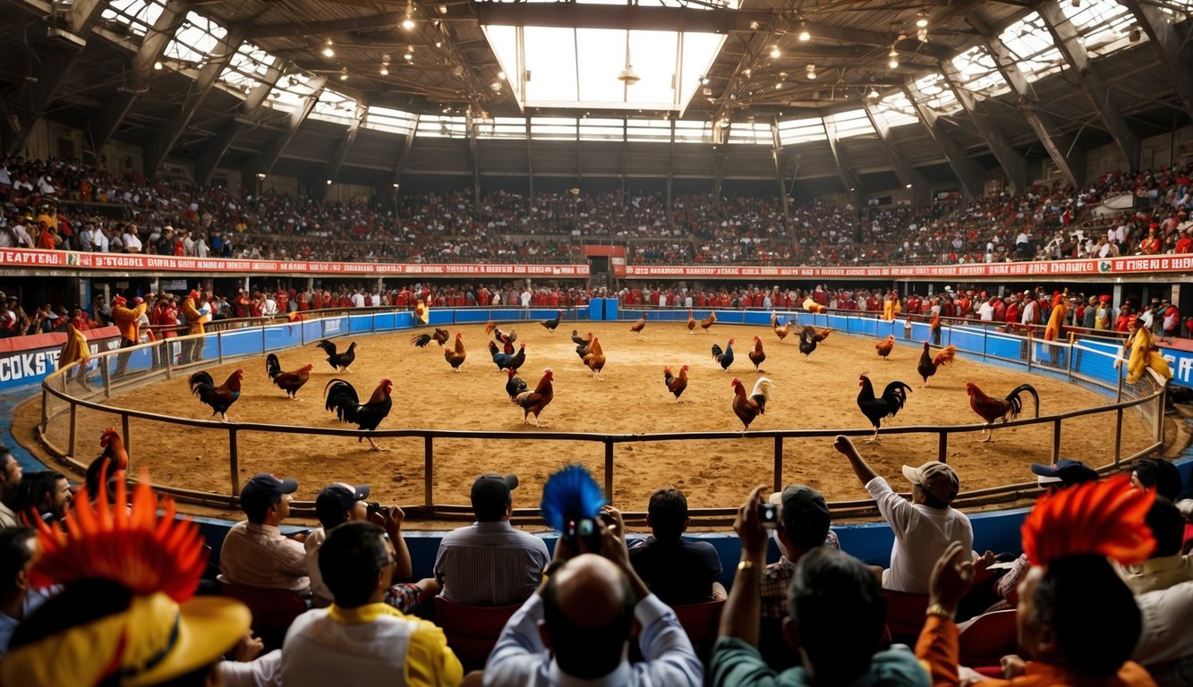 Sebuah arena sabung ayam resmi yang ramai dengan penonton yang bersorak dan ayam jantan berwarna-warni di ring