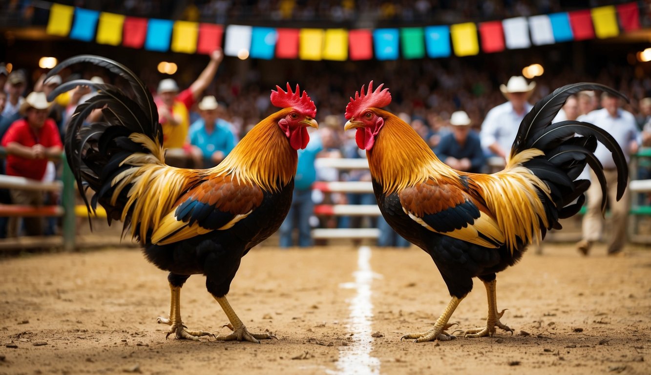 Dua ayam jantan berhadapan di arena yang ramai, dikelilingi oleh penonton yang antusias dan spanduk berwarna-warni